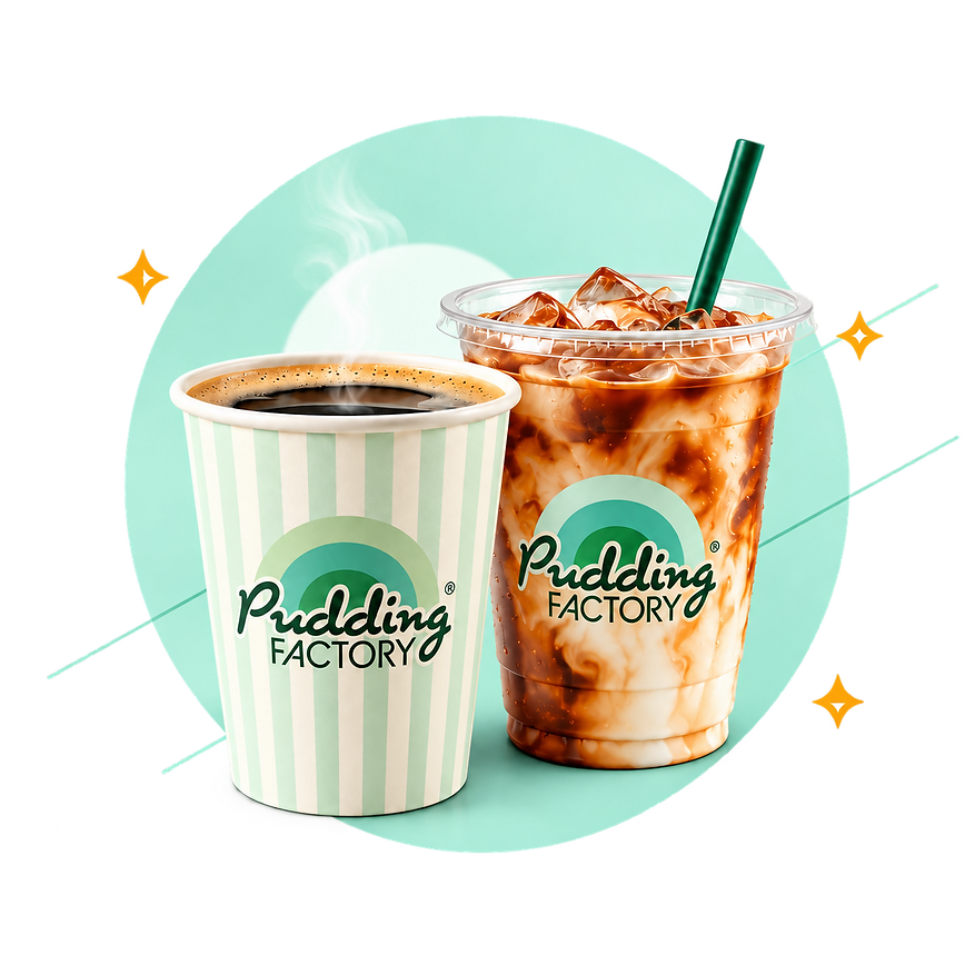 Hot and iced Pudding Factory coffee drinks